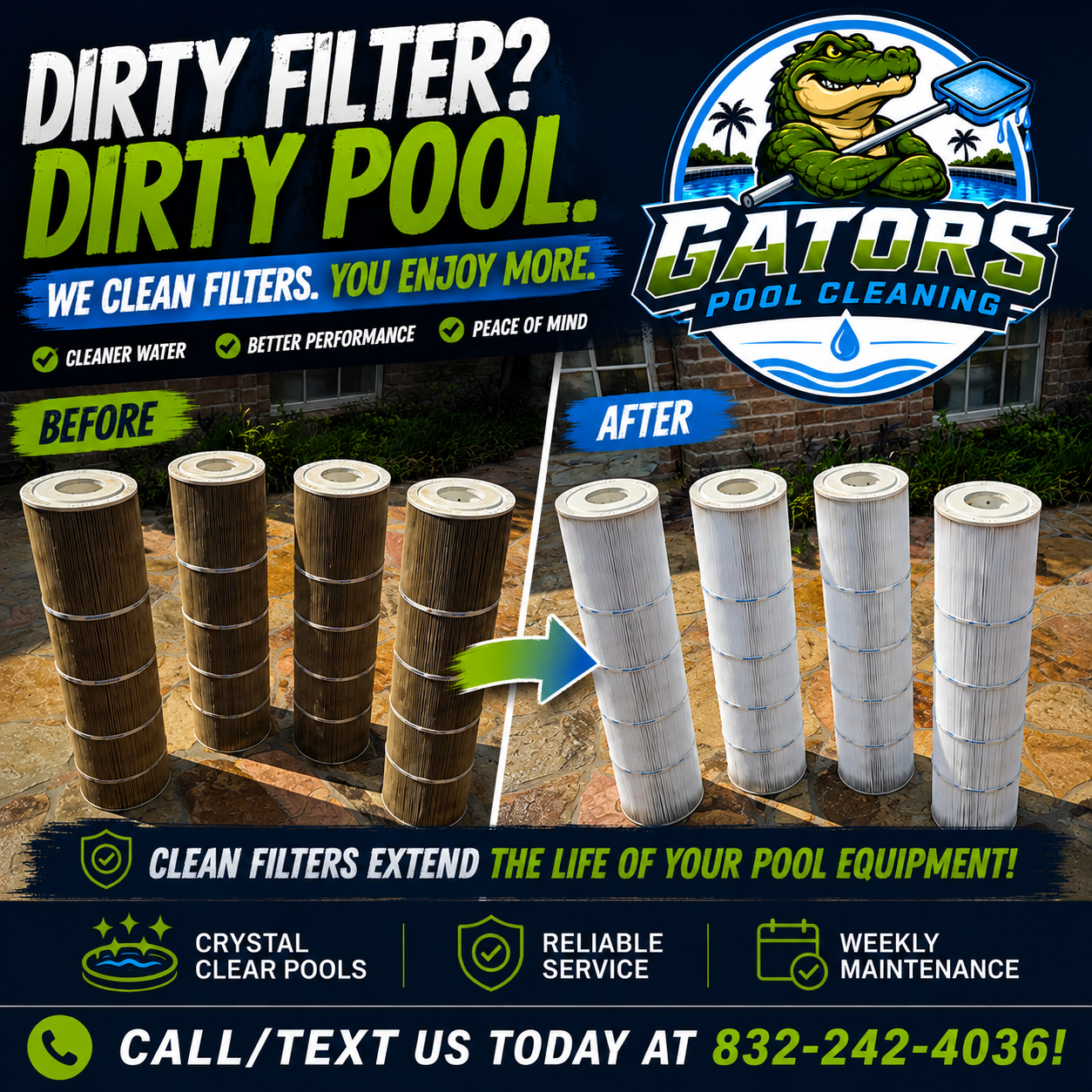 Dirty and clean pool filter cartridges